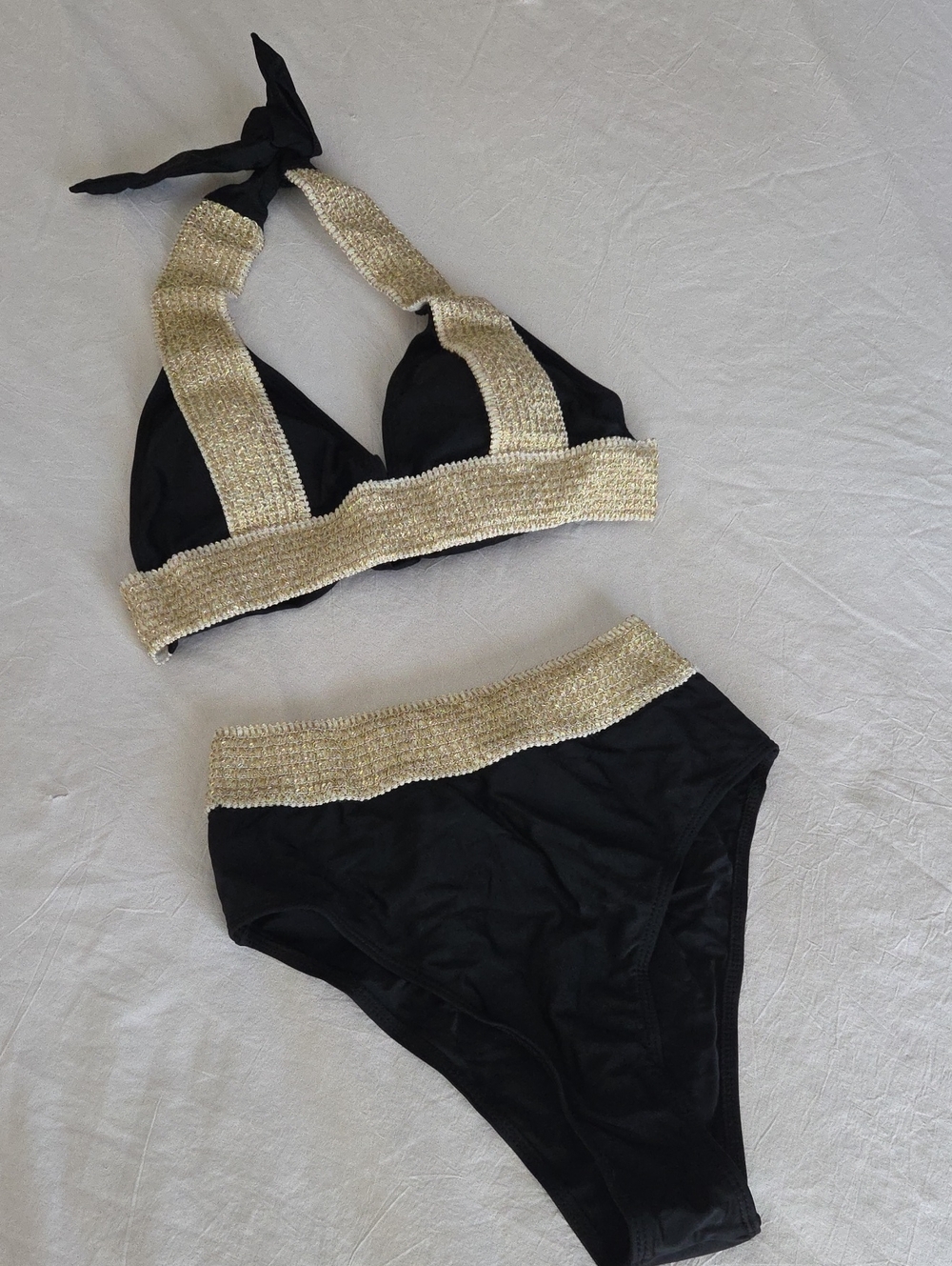 SHEIN Black Bikini Set with Gold Trim - High Waist Halter